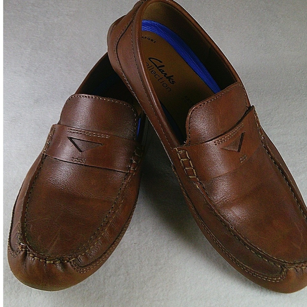 Clarks Collection Mens Leather Penny Loafers Tan Brown Driving Mocs 8.5 26163881